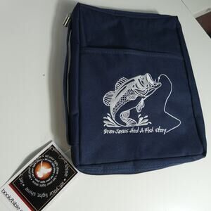 Embroidered Canvas Book/Bible Cover Fish Story Navy Blue Zipper Closure